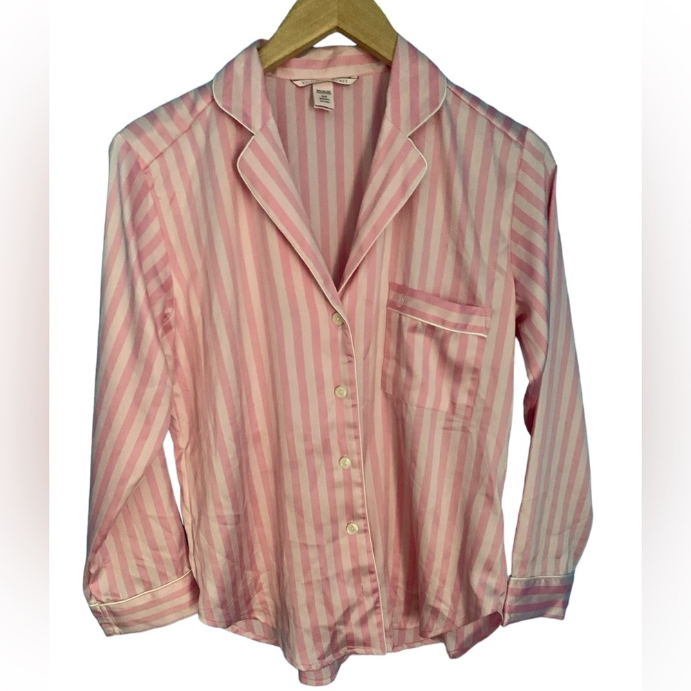 Victoria’s Secret Pink White Stripe Pajama Sleep Button Up Shirt Satin Size S